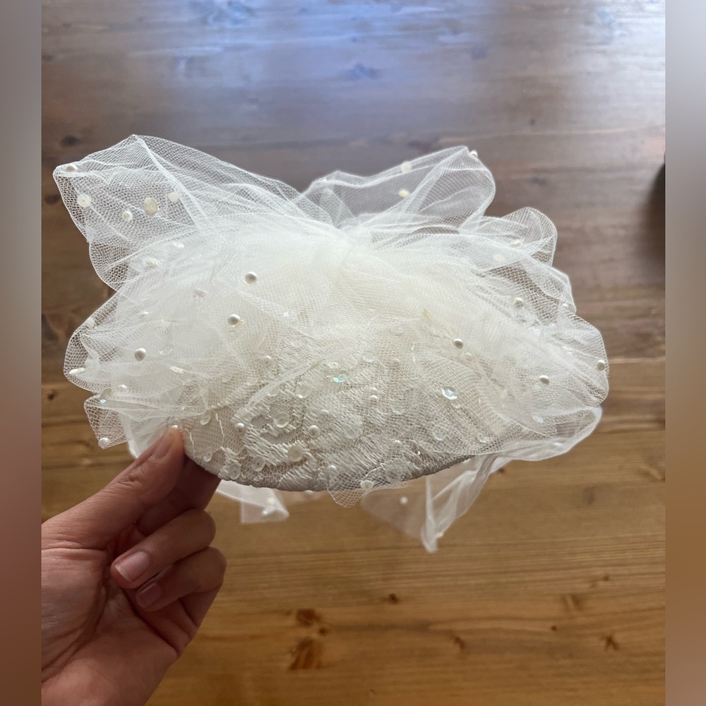 Vintage Ivory Beaded Tulle Church, Kentucky Derby or Bridal Headpiece